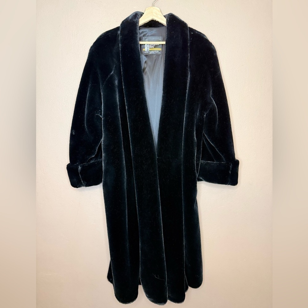 London Fog Black Long Faux Fur Coat Teddy Jacket | Women's Size 14P Whimsygoth